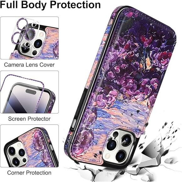 iPhone 14 Pro Max Wallet Case with Bracelet Oil Painting Purple by HianDier - Picture 2 of 5
